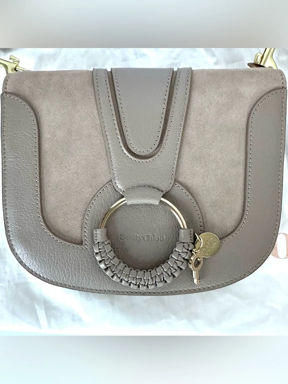 New See by Chloé Hana Suede & Leather Shoulder Bag in Motty Grey